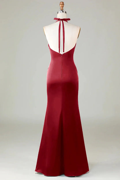 Mermaid Halter Long Satin Bridesmaid Dress