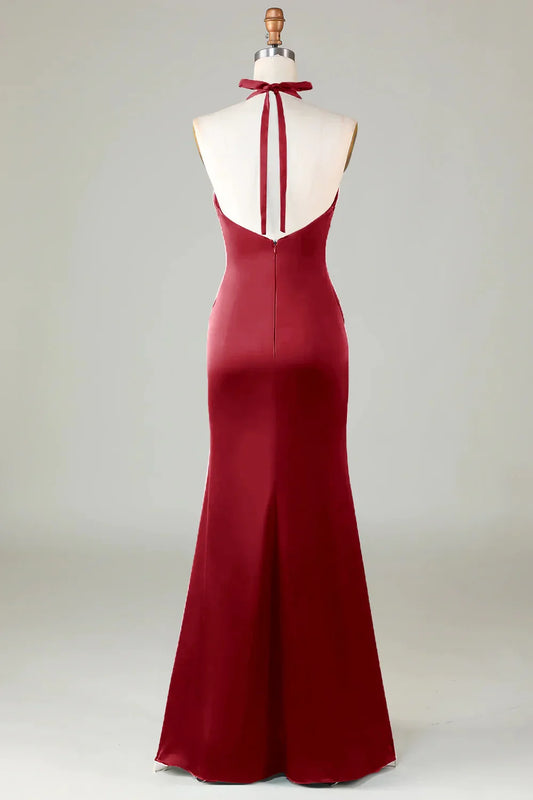 Mermaid Halter Long Satin Bridesmaid Dress