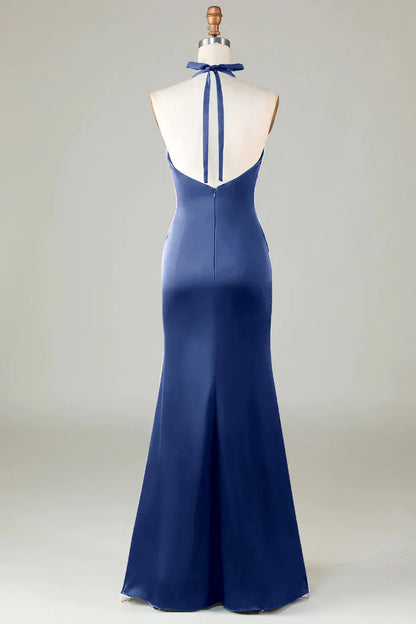 Mermaid Halter Long Satin Bridesmaid Dress