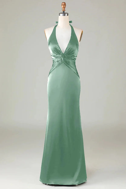 Mermaid Halter Long Satin Bridesmaid Dress
