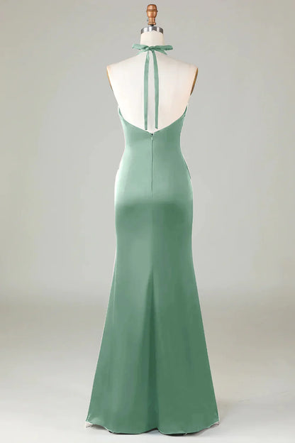 Mermaid Halter Long Satin Bridesmaid Dress