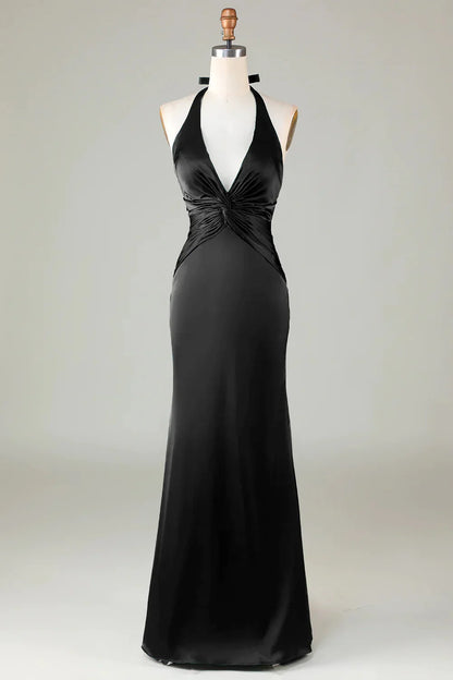 Mermaid Halter Long Satin Bridesmaid Dress