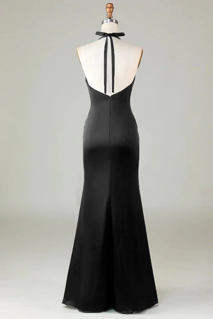 Mermaid Halter Long Satin Bridesmaid Dress