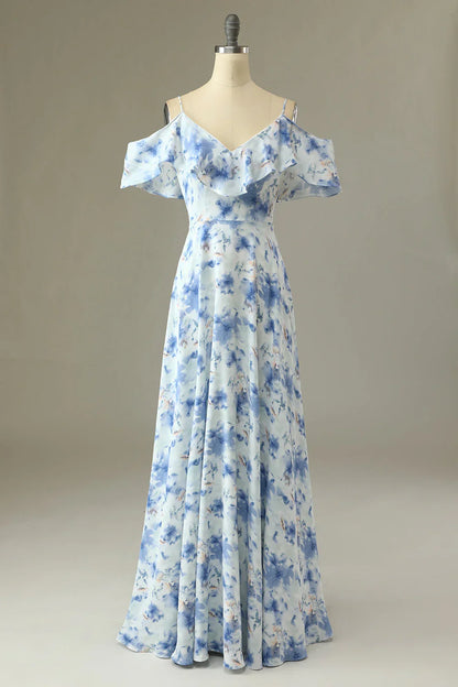 Blue‑Watercolor Printed‑Chiffon A‑Line Off‑The‑Shoulder V‑Neck Ruffled Sleeve Zipper V‑Back Floor‑Length Bridesmaid Dresses