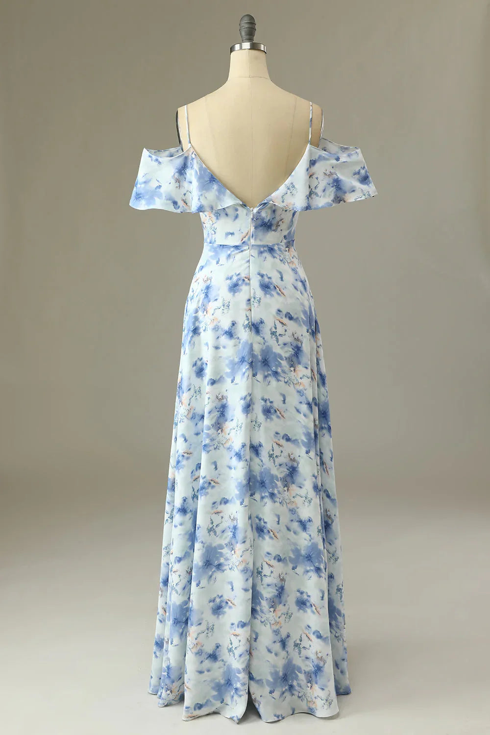 Blue‑Watercolor Printed‑Chiffon A‑Line Off‑The‑Shoulder V‑Neck Ruffled Sleeve Zipper V‑Back Floor‑Length Bridesmaid Dresses