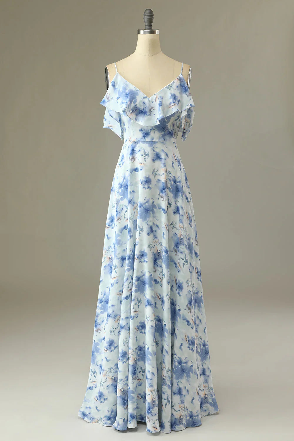 Blue‑Watercolor Printed‑Chiffon A‑Line Off‑The‑Shoulder V‑Neck Ruffled Sleeve Zipper V‑Back Floor‑Length Bridesmaid Dresses