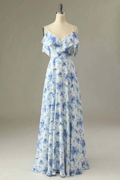 Blue‑Watercolor Printed‑Chiffon A‑Line Off‑The‑Shoulder V‑Neck Ruffled Sleeve Zipper V‑Back Floor‑Length Bridesmaid Dresses