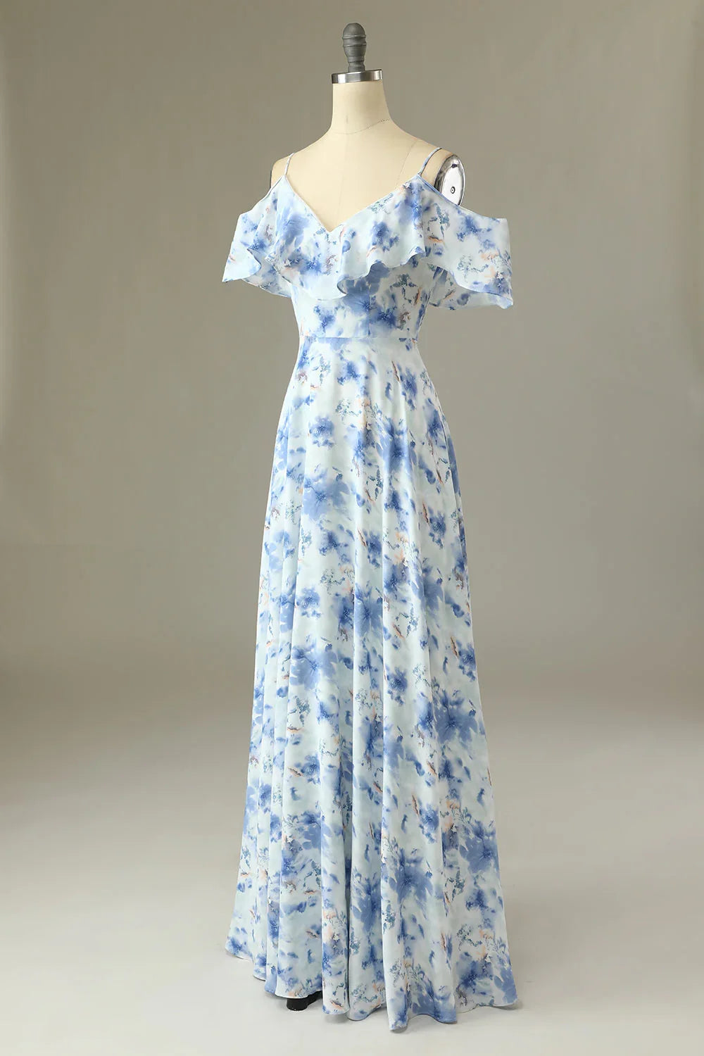 Blue‑Watercolor Printed‑Chiffon A‑Line Off‑The‑Shoulder V‑Neck Ruffled Sleeve Zipper V‑Back Floor‑Length Bridesmaid Dresses