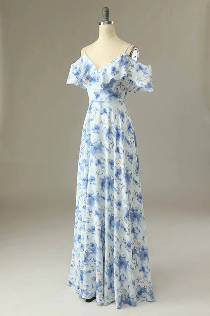 Blue‑Watercolor Printed‑Chiffon A‑Line Off‑The‑Shoulder V‑Neck Ruffled Sleeve Zipper V‑Back Floor‑Length Bridesmaid Dresses