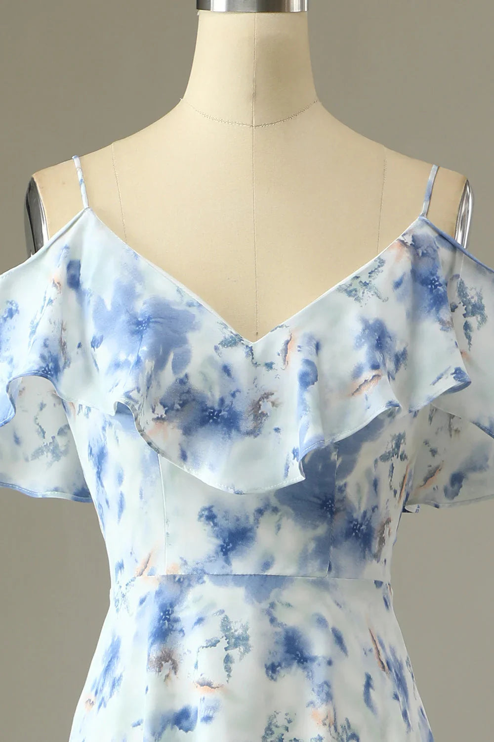 Blue‑Watercolor Printed‑Chiffon A‑Line Off‑The‑Shoulder V‑Neck Ruffled Sleeve Zipper V‑Back Floor‑Length Bridesmaid Dresses
