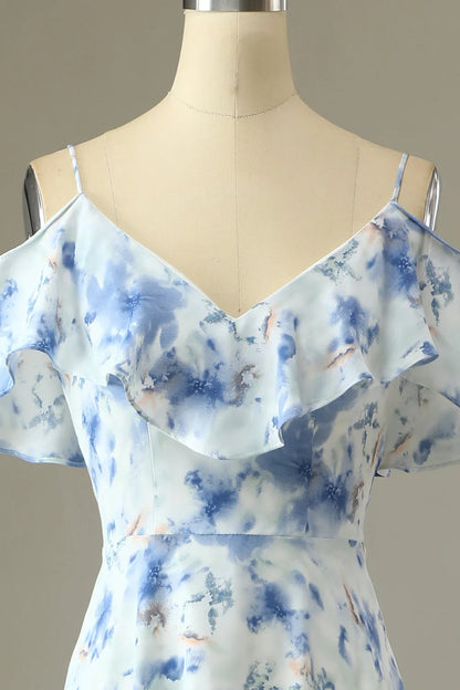 A Line Off The Shoulder Floral Print Long Bridesmaid Dress