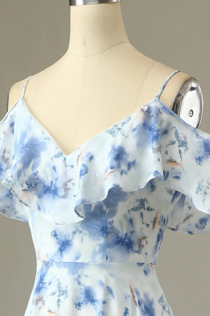 Blue‑Watercolor Printed‑Chiffon A‑Line Off‑The‑Shoulder V‑Neck Ruffled Sleeve Zipper V‑Back Floor‑Length Bridesmaid Dresses