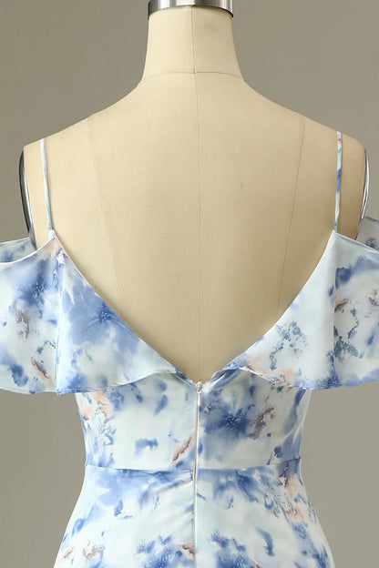 Blue‑Watercolor Printed‑Chiffon A‑Line Off‑The‑Shoulder V‑Neck Ruffled Sleeve Zipper V‑Back Floor‑Length Bridesmaid Dresses