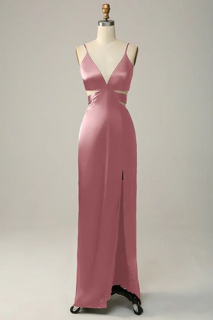 Dusty‑Rose Satin Sheath Deep V‑Neck Spaghetti‑Strap Cutout Bow‑Back Slit Floor‑Length Bridesmaid Dresses