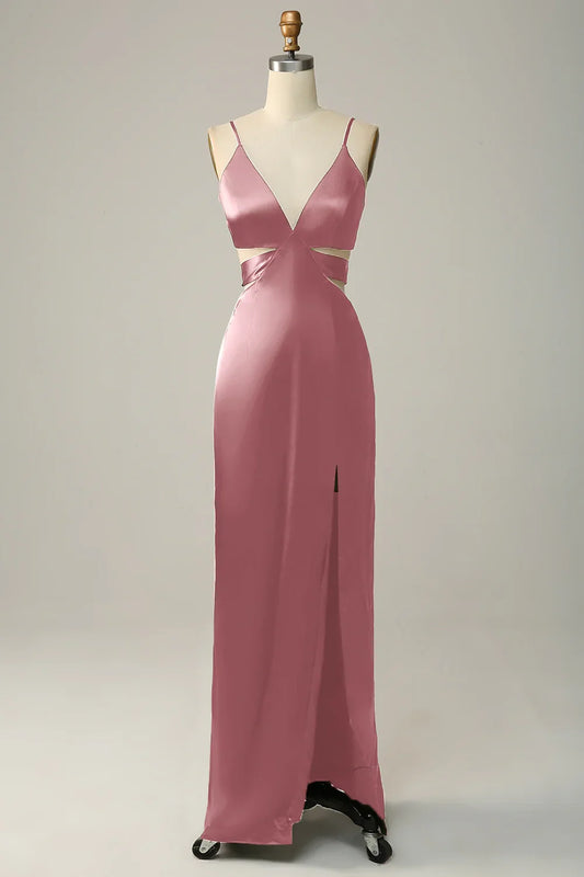 Dusty‑Rose Satin Sheath Deep V‑Neck Spaghetti‑Strap Cutout Bow‑Back Slit Floor‑Length Bridesmaid Dresses