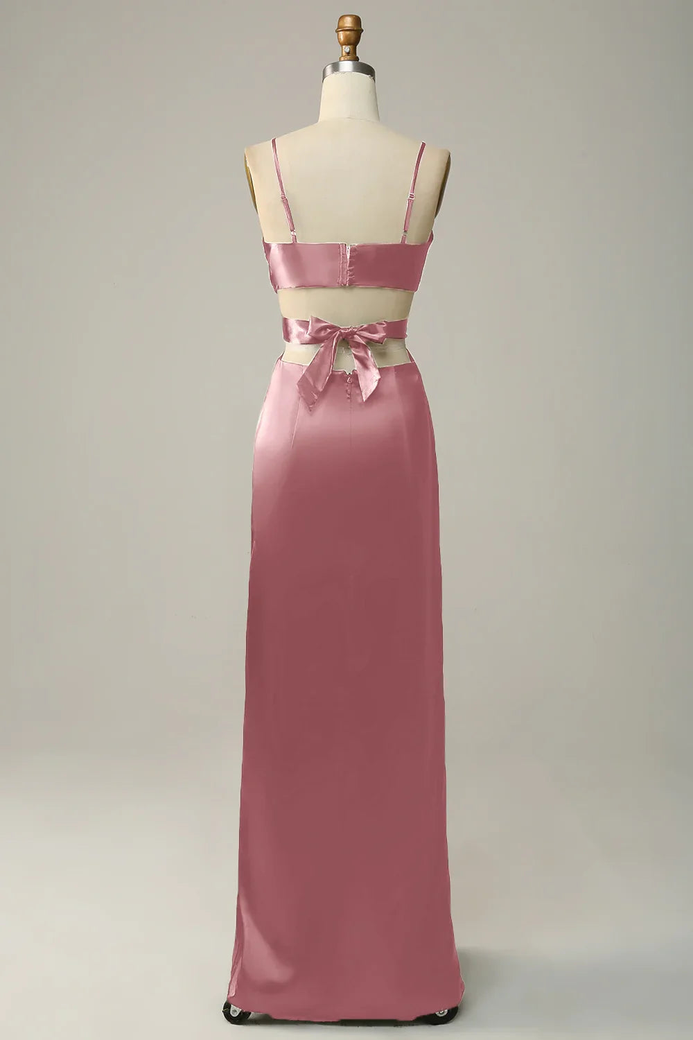Dusty‑Rose Satin Sheath Deep V‑Neck Spaghetti‑Strap Cutout Bow‑Back Slit Floor‑Length Bridesmaid Dresses