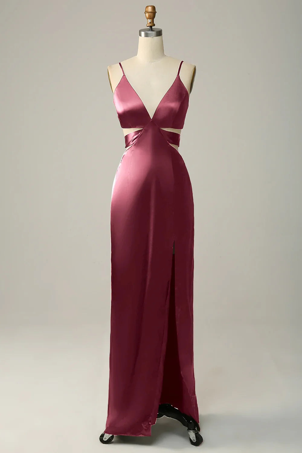 Dusty‑Rose Satin Sheath Deep V‑Neck Spaghetti‑Strap Cutout Bow‑Back Slit Floor‑Length Bridesmaid Dresses