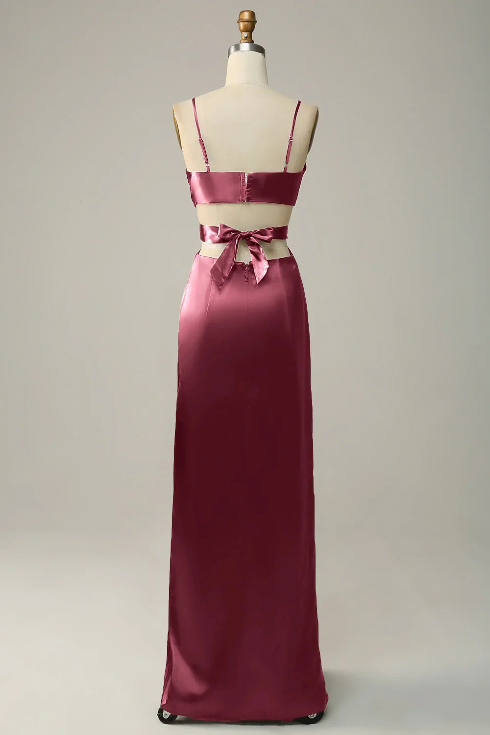 Dusty‑Rose Satin Sheath Deep V‑Neck Spaghetti‑Strap Cutout Bow‑Back Slit Floor‑Length Bridesmaid Dresses
