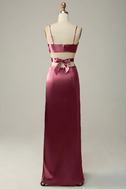Dusty‑Rose Satin Sheath Deep V‑Neck Spaghetti‑Strap Cutout Bow‑Back Slit Floor‑Length Bridesmaid Dresses
