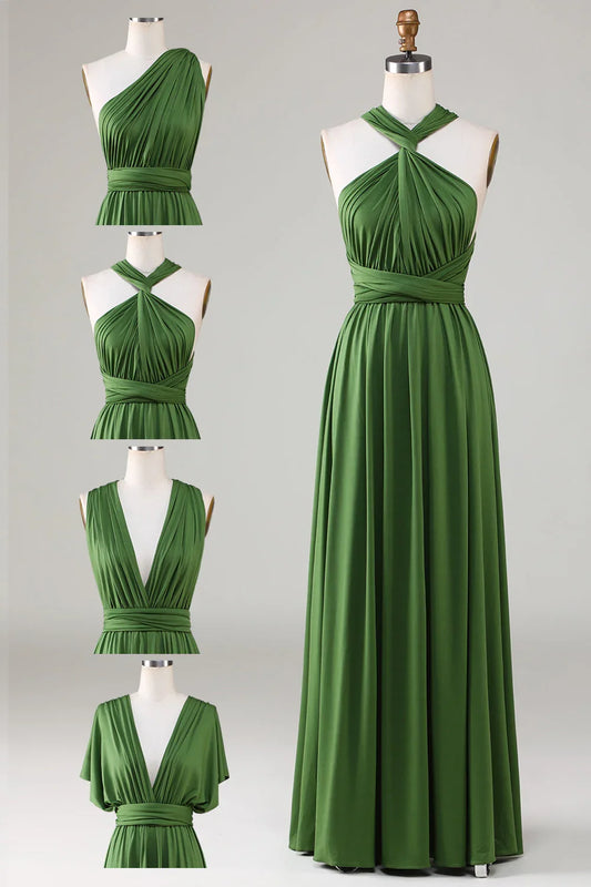 Olive‑Green Convertible A‑Line Multiway Tie‑Strap Open Tie‑Back Floor‑Length Bridesmaid Dresses For Wedding