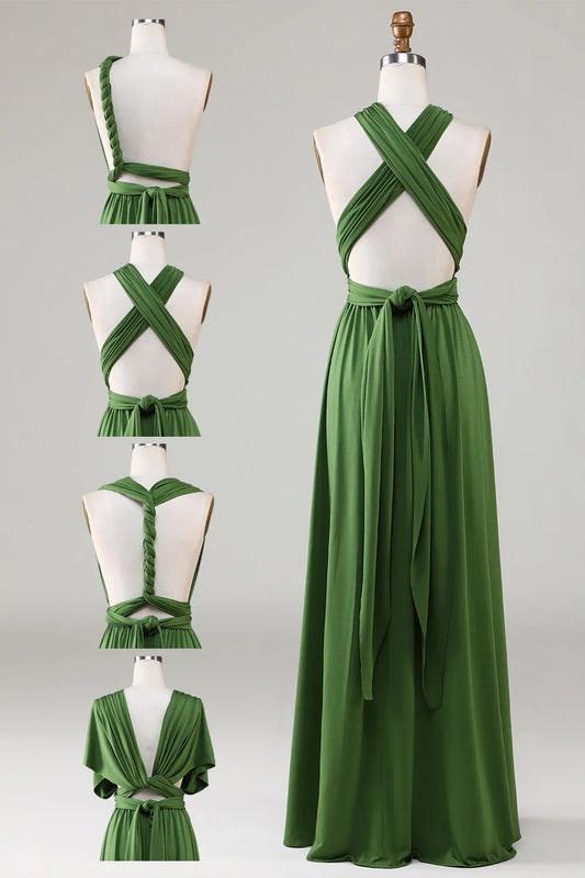 Olive‑Green Convertible A‑Line Multiway Tie‑Strap Open Tie‑Back Floor‑Length Bridesmaid Dresses For Wedding