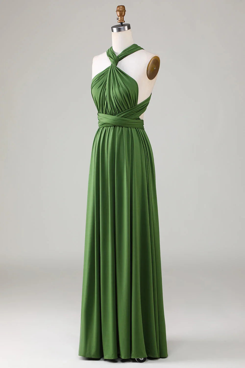 Olive‑Green Convertible A‑Line Multiway Tie‑Strap Open Tie‑Back Floor‑Length Bridesmaid Dresses For Wedding