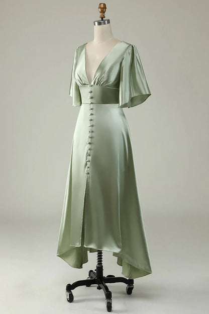 A Line Deep V Neck Bridesmaid Dress With Half Sleeves