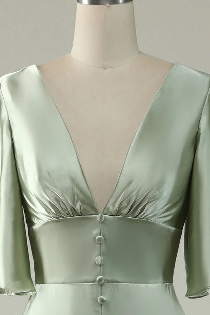 A Line Deep V Neck Bridesmaid Dress With Half Sleeves