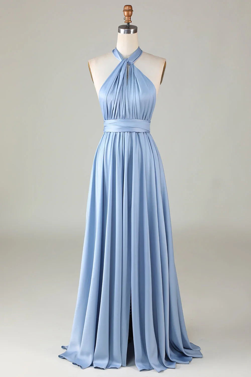 Sky‑Blue Satin Convertible A‑Line Multiway Braided‑Strap Open Tie‑Back Slit Floor‑Length Bridesmaid Dresses