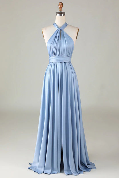 Sky‑Blue Satin Convertible A‑Line Multiway Braided‑Strap Open Tie‑Back Slit Floor‑Length Bridesmaid Dresses