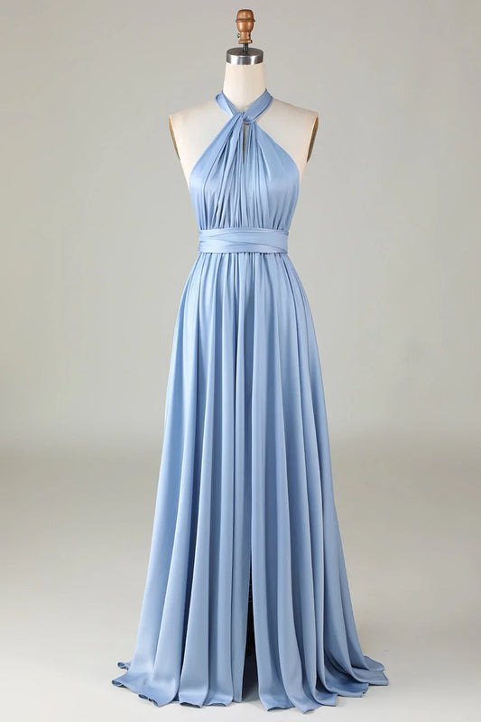 Sky‑Blue Satin Convertible A‑Line Multiway Braided‑Strap Open Tie‑Back Slit Floor‑Length Bridesmaid Dresses