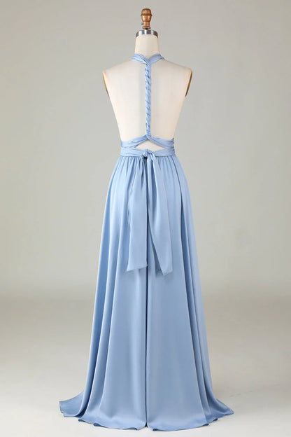 Sky‑Blue Satin Convertible A‑Line Multiway Braided‑Strap Open Tie‑Back Slit Floor‑Length Bridesmaid Dresses