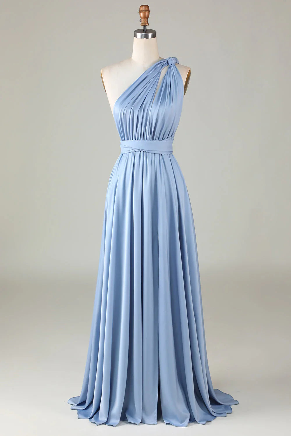 Sky‑Blue Satin Convertible A‑Line Multiway Braided‑Strap Open Tie‑Back Slit Floor‑Length Bridesmaid Dresses