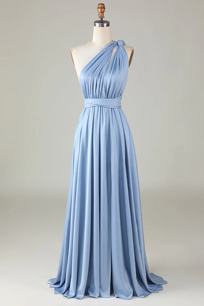 Sky‑Blue Satin Convertible A‑Line Multiway Braided‑Strap Open Tie‑Back Slit Floor‑Length Bridesmaid Dresses