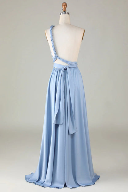 Sky‑Blue Satin Convertible A‑Line Multiway Braided‑Strap Open Tie‑Back Slit Floor‑Length Bridesmaid Dresses