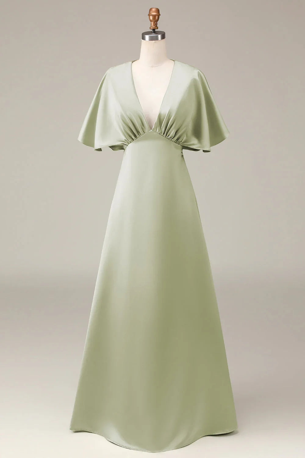 Sage Satin A‑Line Deep V‑Neck Flutter Sleeve Zipper Back Floor‑Length Bridesmaid Dresses