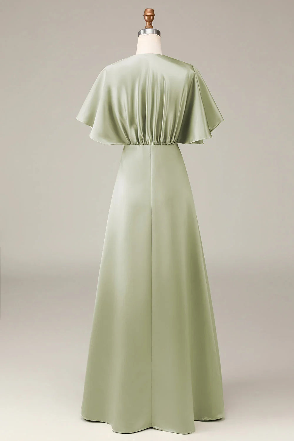 Sage Satin A‑Line Deep V‑Neck Flutter Sleeve Zipper Back Floor‑Length Bridesmaid Dresses