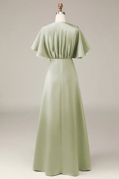 Sage Satin A‑Line Deep V‑Neck Flutter Sleeve Zipper Back Floor‑Length Bridesmaid Dresses