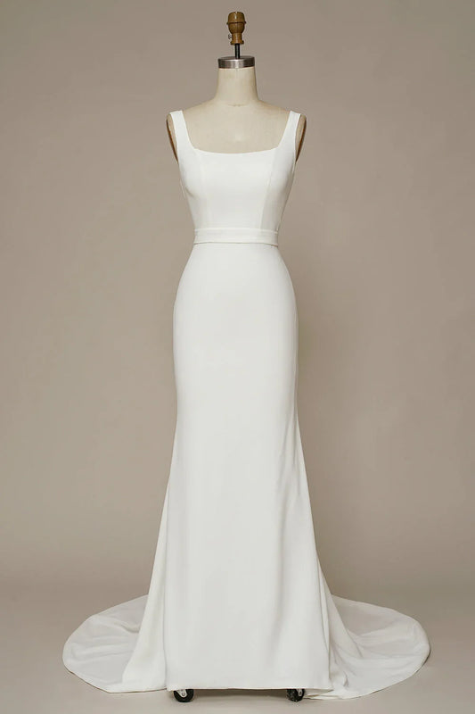 White Mermaid Square Neck Wedding Dress