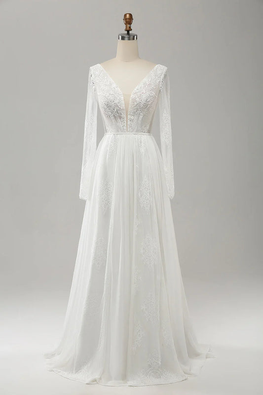 A Line V Neck Long Sleeve Beach Boho Wedding Dress