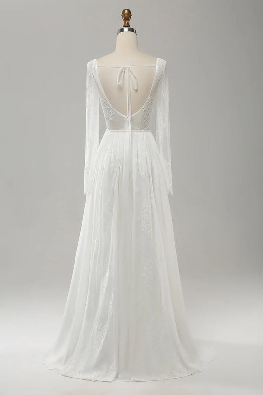 A Line V Neck Long Sleeve Beach Boho Wedding Dress