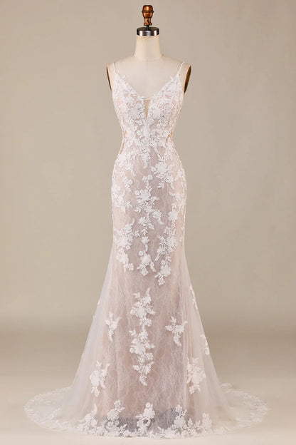 Charming Mermaid Spaghetti Straps Ivory Long Bridal Dress