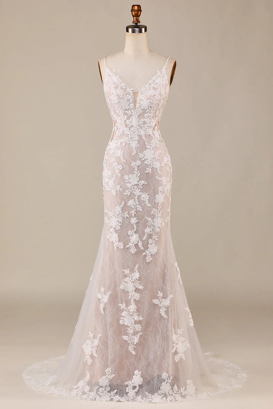Charming Mermaid Spaghetti Straps Ivory Long Bridal Dress