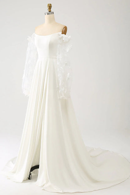 A Line Long Chiffon Wedding Dress With 3D Butterflies