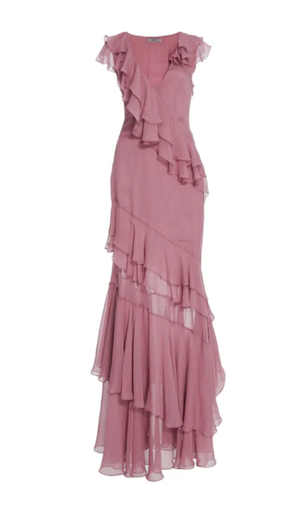 V-Neck Pleated Sleeveless Back Zippered Prom Dress