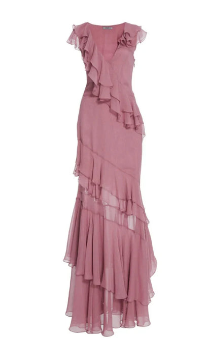 V-Neck Pleated Sleeveless Back Zippered Prom Dress
