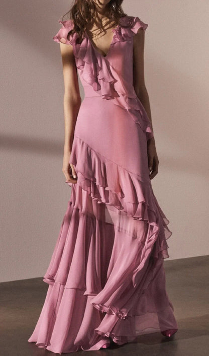 V-Neck Pleated Sleeveless Back Zippered Prom Dress