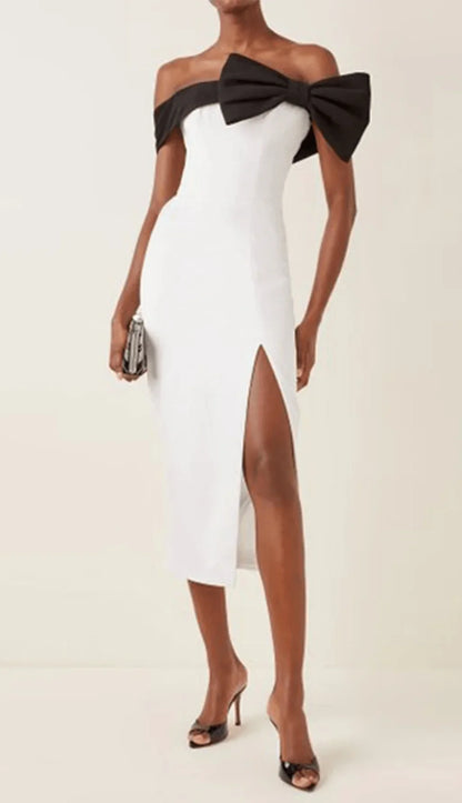 Off Shoulder Split Sleeveless With Black Bow