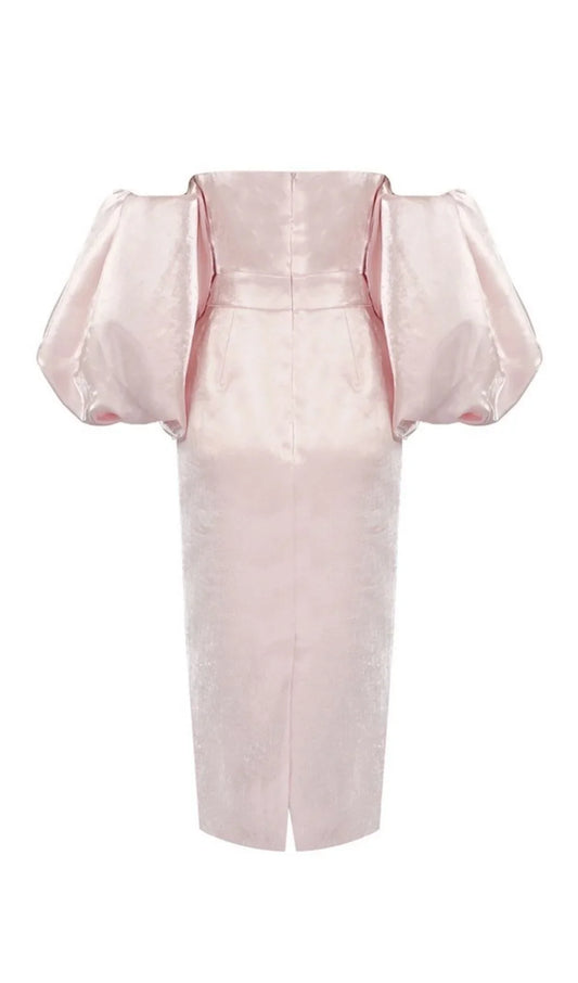 Satin Strapless Pink Prom Dress With Puff Sleeve