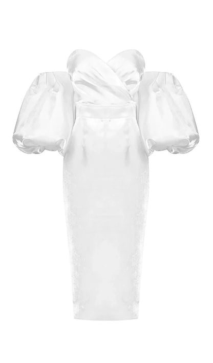 White Satin Strapless Prom Dress With Bubble Sleeves